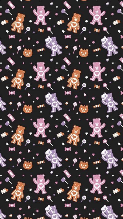 a black background with teddy bears and hearts on it's side, all in different colors Halloween Care Bear Scare Bears, Aesthetic Halloween Care Bear, Care Bears Halloween Background, black
