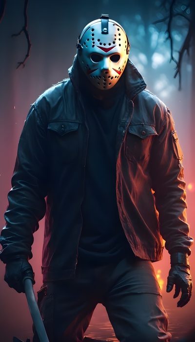 a man wearing a mask and holding a baseball bat in front of a forest at night Jason Halloween Jason Voorhees, Jason Voorhees Art, Freddy Krueger Art, Jason Horror, dark slate gray