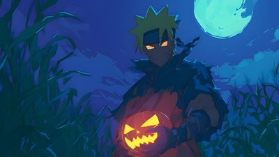 a cartoon character holding a pumpkin in front of a full moon and grass field at night Naruto Halloween 4k Desktop, Glow Pumpkin, Anime Halloween, Pumpkin Lights, Spooky Pumpkin, dark slate gray
