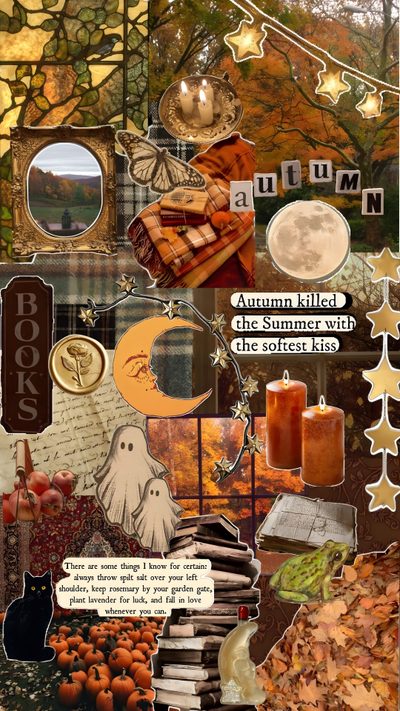 an altered collage with autumn images and words Autumn Aesthetic Halloween Collage Halloween Cute, Love Collage, Font Art, View, Cute Emoji, sienna