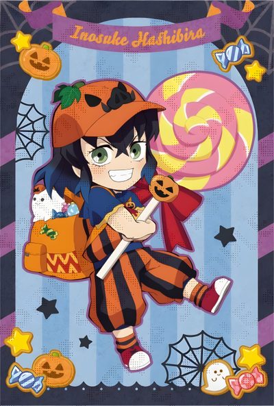 an anime character holding a candy lollipop Inosuke Halloween Inosuke Pumpkin, Demon Slayer Halloween, Demon Slayer Halloween Inosuke, gray
