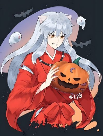 an anime character holding a pumpkin in front of a full moon Inuyasha Halloween Inuyasha Halloween, Inuyasha Witch, Inuyasha Birthday, Inuyasha Happy New Year, sienna
