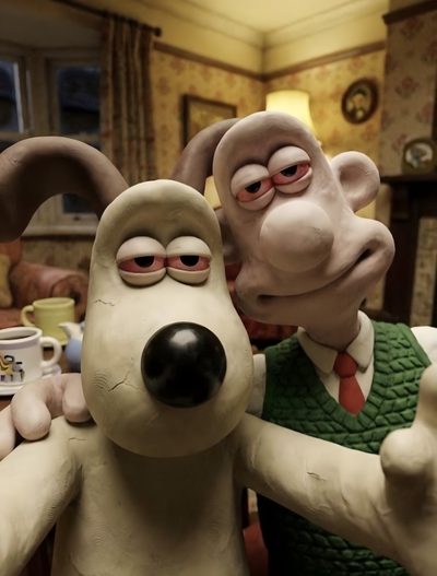 two cartoon characters standing next to each other in front of a table with coffee mugs Wallace And Gromit Halloween Hd Wallace And Gromit Characters, Aardman Animations, Cute Backgrounds, dark olive green
