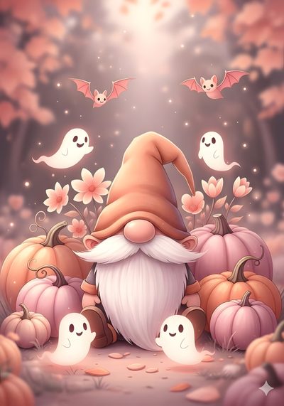 an image of a gnome surrounded by pumpkins and ghost's in the background Halloween Gnome Ideas Halloween Gnome Iphone, Halloween Gnome Ideas, Cute Gnome Backgrounds, rosy brown