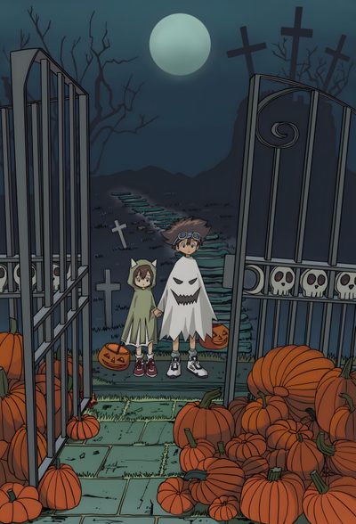 two children dressed up in halloween costumes are walking through a gated area with pumpkins Digimon Halloween Digimon Background Art, Digimon Fanart, Digimon, Digimon Halloween, dark slate gray