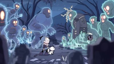 an animated scene with many people in the background and ghost like figures on the ground Ducktales Ghosts Of Halloween Hilda Background Images, Ducktales Ghost, Hilda Monsters, dark slate blue