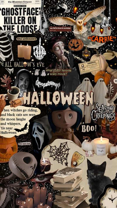 a collage of halloween related items Halloween Aesthetic Scream Halloween Iphone, Cantik Iphone, Halloween, dark olive green