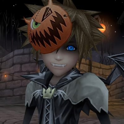 an animated character with blue eyes and a pumpkin on his head Sora Halloween Town 4k Halloween Town, Kingdom Hearts, Final Fantasy, Aesthetic Anime, dark slate gray