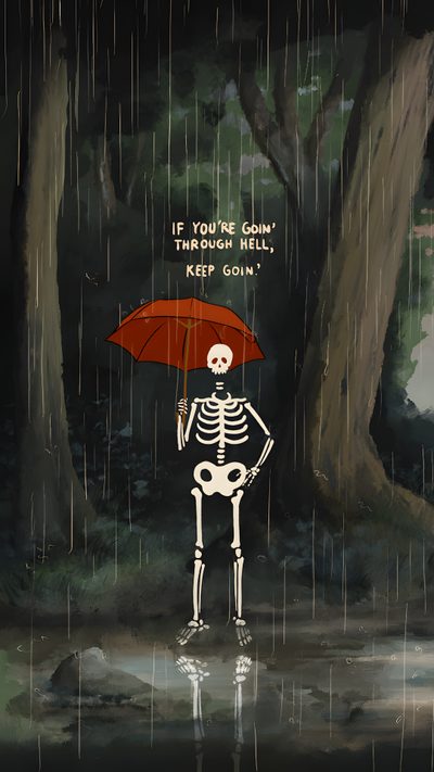 a skeleton holding an umbrella standing in the rain Halloween Iphone Skeletons Moving Animation, 1924 Reels, Under The Circumstances Animation, dark slate gray