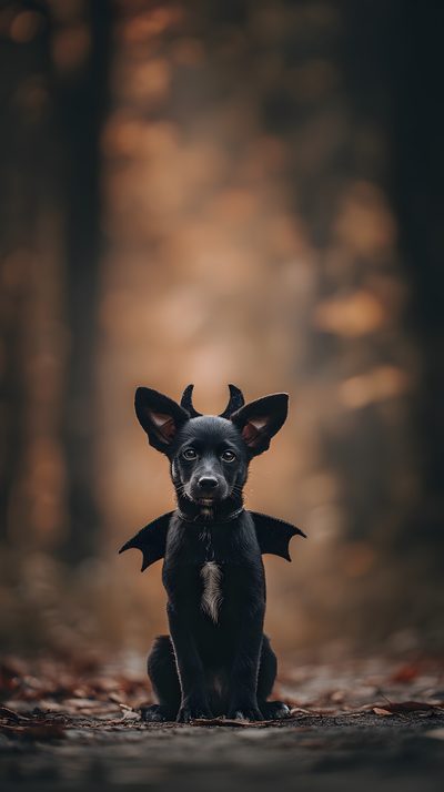 a black dog sitting in the middle of a forest Halloween Dog Hd Halloween, Halloween Bat Dog, Dog Dressed Up For Halloween, Halloween Dog, dark slate gray