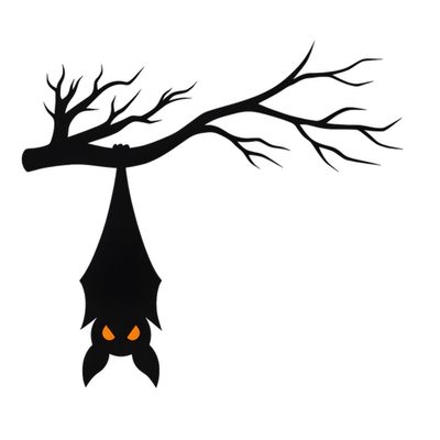 a bat hanging from a tree branch with eyes glowing in the dark, on a white background Halloween Cute Bats Silhouette Halloween, white