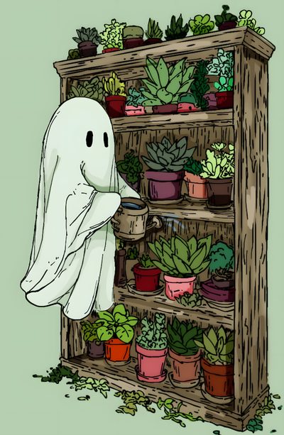a book shelf filled with potted plants and a ghost holding a cloth over it's mouth Halloween Plant Plant Party, Ghost World, Perry The Platypus, Plant, Ghost, Digital Art, gray