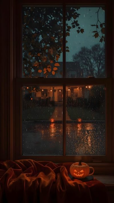 a halloween pumpkin sitting on top of a bed in front of a window at night Rainy Halloween Night Sky November, Autumn Magic, Halloween Iphone, Nature Art Painting, Autumn Scenery, black