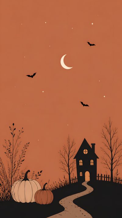 a halloween scene with a house and pumpkins Minimal Halloween Fall Spooky, Halloween Iphone Aesthetic, Minimalist Halloween, Halloween, indian red