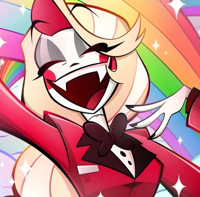 an animated cat with a red suit and bow tie, standing in front of a rainbow colored background Happy Halloween Charlie Charlie Pfp Hazbin, Pilot Charlie Pfp, Multifandom Icon, dark salmon