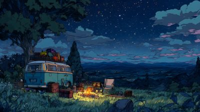 a camper van parked in the middle of a field at night Lofi Halloween Desktop Chill Background For Pc, Sinchan, Disney Princess Quotes, Tablet, midnight blue