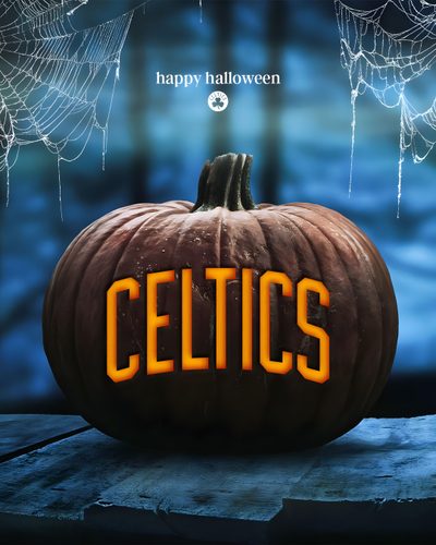 a pumpkin sitting on top of a wooden table with the word celtics in front of it Halloween Nba Happy Halloween, Halloween, dark slate gray