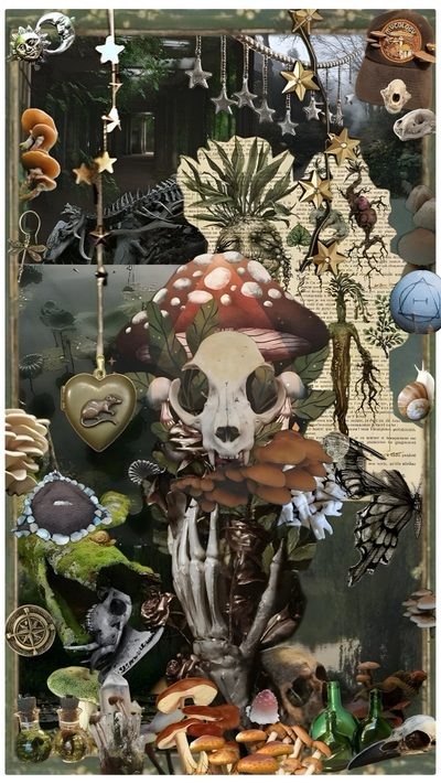 a collage with many different items including mushrooms, plants and other things in it Therian Halloween Averycore Aesthetic, Goblincore Tablet, Corvidcore Aesthetic, dark olive green