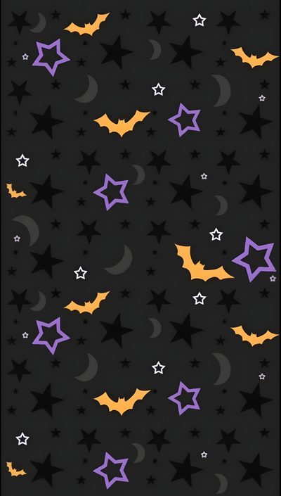 bats and stars on a black background with orange, purple, and yellow colors for halloween Halloween Pastel Bats On Black-small Diy Halloween Decor Inspiration, Black Halloween Background, Halloween Bat And Star Pattern,
