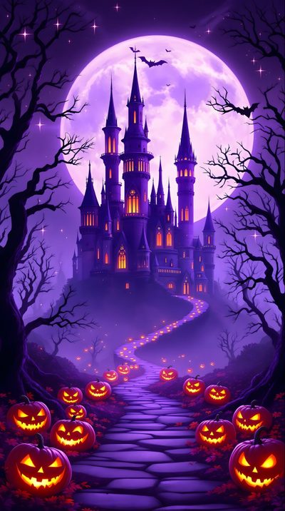 a halloween castle with pumpkins in the foreground and a full moon in the background Halloween Purple And Orange Purple Halloween Background, Disney Castle Halloween, Purple Halloween, indigo