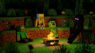 an image of a fire pit in the middle of a minecraft village at night Minecraft Halloween How To Build A Minecraft Campfire, Minecraft Camping Ideas, Minecraft Character Gathering, black