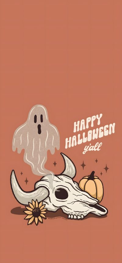 a happy halloween card with a skull, pumpkins and a ghost on the front Country Halloween Halloween Iphone Aesthetic, Country Halloween Backgrounds, Country Fall, indian red