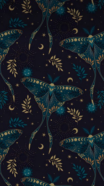 a blue and gold wallpaper with stars, leaves and moon shapes on black background Halloween Moth Vintage Dark Teal Aesthetic, Witchy Summer Background, Silk Moth, Moth Ipad, black