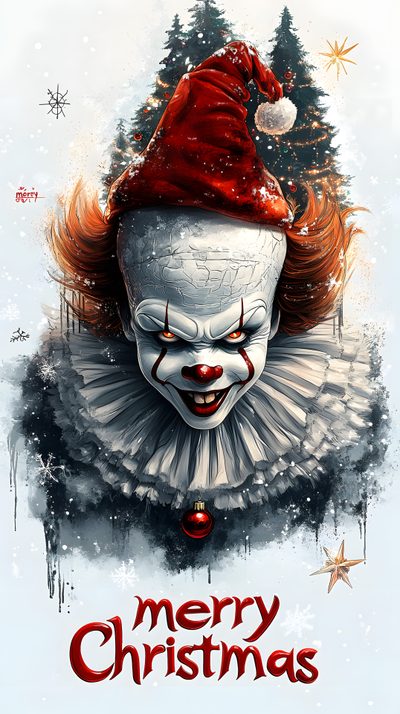 a creepy clown wearing a santa hat and red hair Halloween Santa Claus Horror Christmas, Christmas Horror, Scary Christmas, Pennywise Christmas, silver