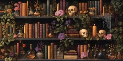 there are many books and vases on the shelves with flowers, skulls and candles Halloween Bookshelf Witchy Pc Background, Cover Pics, Computer, Witchy Desktop, dark slate gray