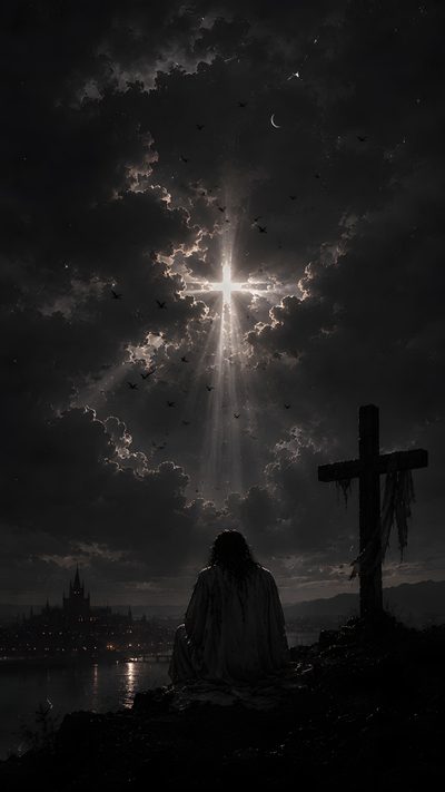 a person sitting in front of a cross on top of a hill under a cloudy sky Halloween Cross Dark Art, Divine Jesus, Golgota Jesus, God Iphone, Pic For, God Dark, black