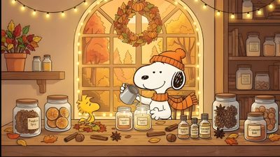 a cartoon dog is standing in front of jars with nuts and pumpkins on the table Snoopy Halloween Laptop Candle Workshop, Autumn Candle, Cute Laptop, Tablet, Iphone Disney, Halloween, peru