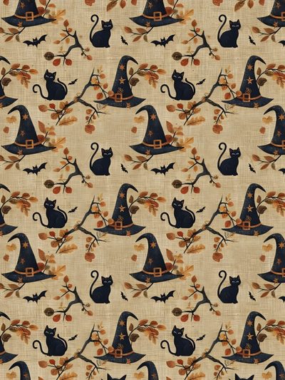 a pattern with cats and witches on it Halloween Dollhouse October, Halloween Tablescape, Witchy, Iphone Pictures, Halloween Backgrounds, dark khaki