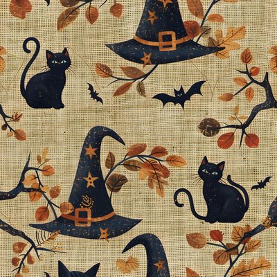 an image of halloween fabric with cats and witches Halloween Fabric Cat Bones Witch And Halloween Fabric Patterns, Halloween Fabric Cat Bones Witch And, Autumn Halloween Fabric Pattern, dark khaki