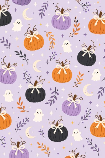 a purple background with pumpkins, ghost and stars Halloween Bats And Pumpkins - Lilac Ghost, Pastel, gainsboro