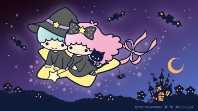 two cartoon witches flying in the night sky Little Twin Stars Halloween Sanrio Halloween Laptop, Kiki And Lala Halloween, San X Halloween, dark slate blue