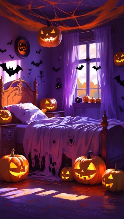 a bedroom decorated for halloween with pumpkins on the bed Halloween Room Spooky House, Spooky Mansion, Spooky Halloween Room, Haunted House For Bedroom, dark slate gray