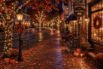 a city street with fall foliage on the ground and lights strung up all around it Autumn Halloween 4k Fall Desktop, Fall Mac Book Aesthetic, Autumn Mac, Fall Mac, saddle brown