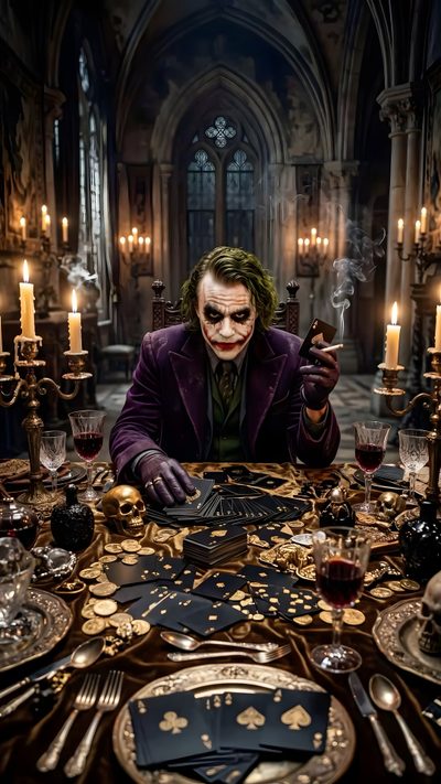 the joker is sitting in front of a table with candles and place settings on it Joker Halloween Joker Money, Joker Villain, Heath Ledger Joker Quotes, Grand Theft Auto Artwork, black