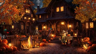 an animated halloween scene with pumpkins and witches in front of a house at night Halloween Village For Pc Cute Pictures, Pc Halloween, Pc, Cozy Halloween Desktop, maroon