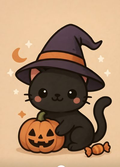 a black cat wearing a witches hat and holding a pumpkin Halloween Kawaii Cute Black Cat Halloween, Black Cat, Halloween Cat Kawaii Cute Pumpkin Drawing, burlywood