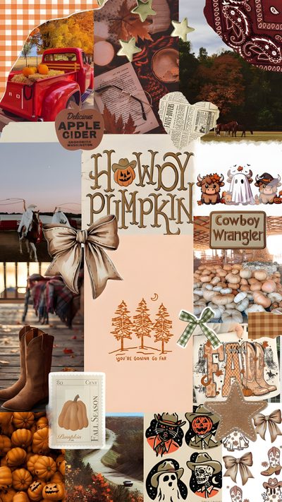 the collage shows many different things that are being displayed in this image, including pumpkins and other items Fall Cute Western Halloween Fall Aesthetic Collage, Southern Fall Aesthetic, Halloween Country, rosy brown