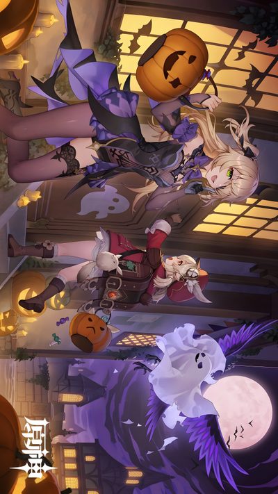 an animated halloween scene with pumpkins, ghost and witches flying in the air above Halloween Genshin Fischl Christmas, Fishel Genshin Impact Official Art, Fischl Official Art, dark olive green
