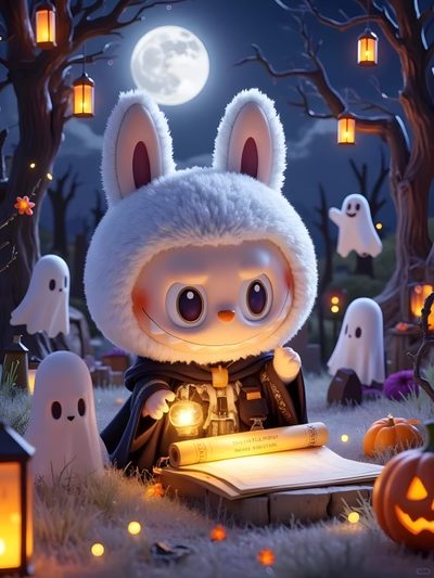 a little bunny is sitting in the grass with some pumpkins and ghost's around him Halloween Labubu Cute Halloween Panda, 3d Puffy Halloween, Pumpkin Rabbit, Labubu Pumpkin Painting, dim gray