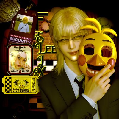 a woman holding a yellow mask in front of her face with other items around her Felix Halloween Felix Fnaf, Felix Green Screen, Stray Kids X Fnaf, Felix Png, Pfp Felix, maroon