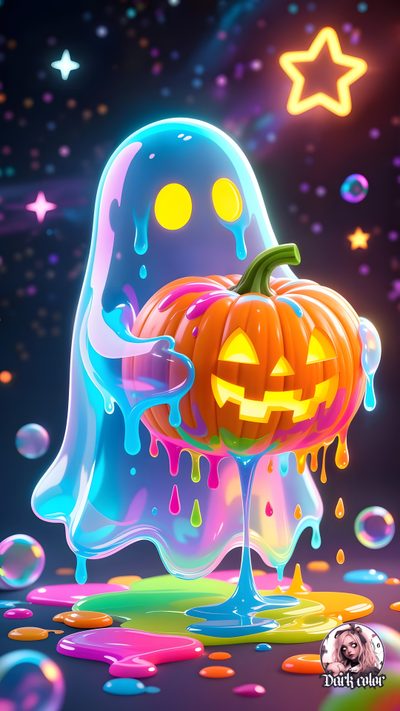 a halloween ghost with a pumpkin on it's head and sprinkles all over the ground Rainbow Halloween Galaxy Crafts, Happy Halloween Pictures, Scary Photos, dark slate gray