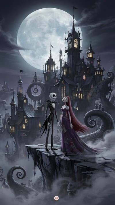 a couple dressed as skeletons standing on a cliff in front of a castle at night Nightmare Before Christmas Halloween Town Tim Burton, Jack Skellington, dark slate gray