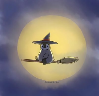 a cartoon penguin sitting on top of a broom Penguin Halloween Ghost Penguin, Penguin Wizard, Penguin Art, Moon Penguin, Penguin At Night, dim gray