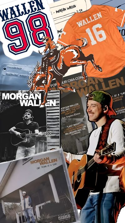 collage of various images including an orange shirt, guitar and man in cowboy hat Morgan Wallen Halloween How To Run Longer, Hottest 100, Songs, Morgan Wallen Laptop Collage, dark olive green