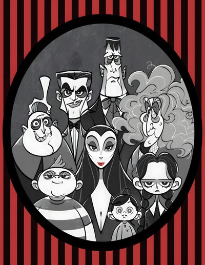 the addams movie poster in black and white with red striped background, surrounded by cartoon characters Halloween Family Cameos Adama Family, Addams Familycartoon, Adams Family, dark slate gray