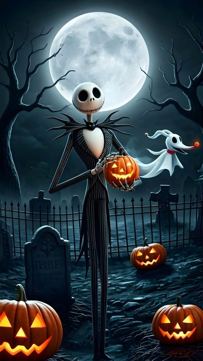 a skeleton holding a jack o lantern in front of a cemetery with pumpkins on it Zero Halloween Halloween Nightmare Before Christmas, Tim Burton Halloween, Jack The Skeleton, dark slate gray